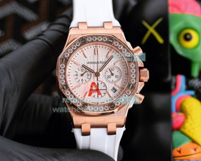 Copy Audemars Piguet Royal Oak Offshore Watch White Dial Rose Gold Case Diamond Bezel White Rubber Strap